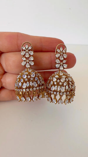 2 Tone gold Luminous diamond jhumka Earrings next to real/ Indian Jewelry Indian Earrings/American Diamond jhumka/CZ Earrings/