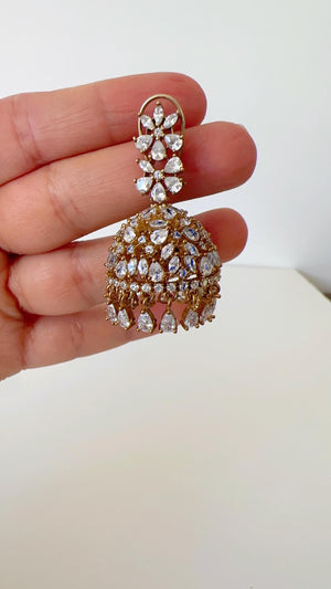 2 Tone gold Luminous diamond jhumka Earrings next to real/ Indian Jewelry Indian Earrings/American Diamond jhumka/CZ Earrings/