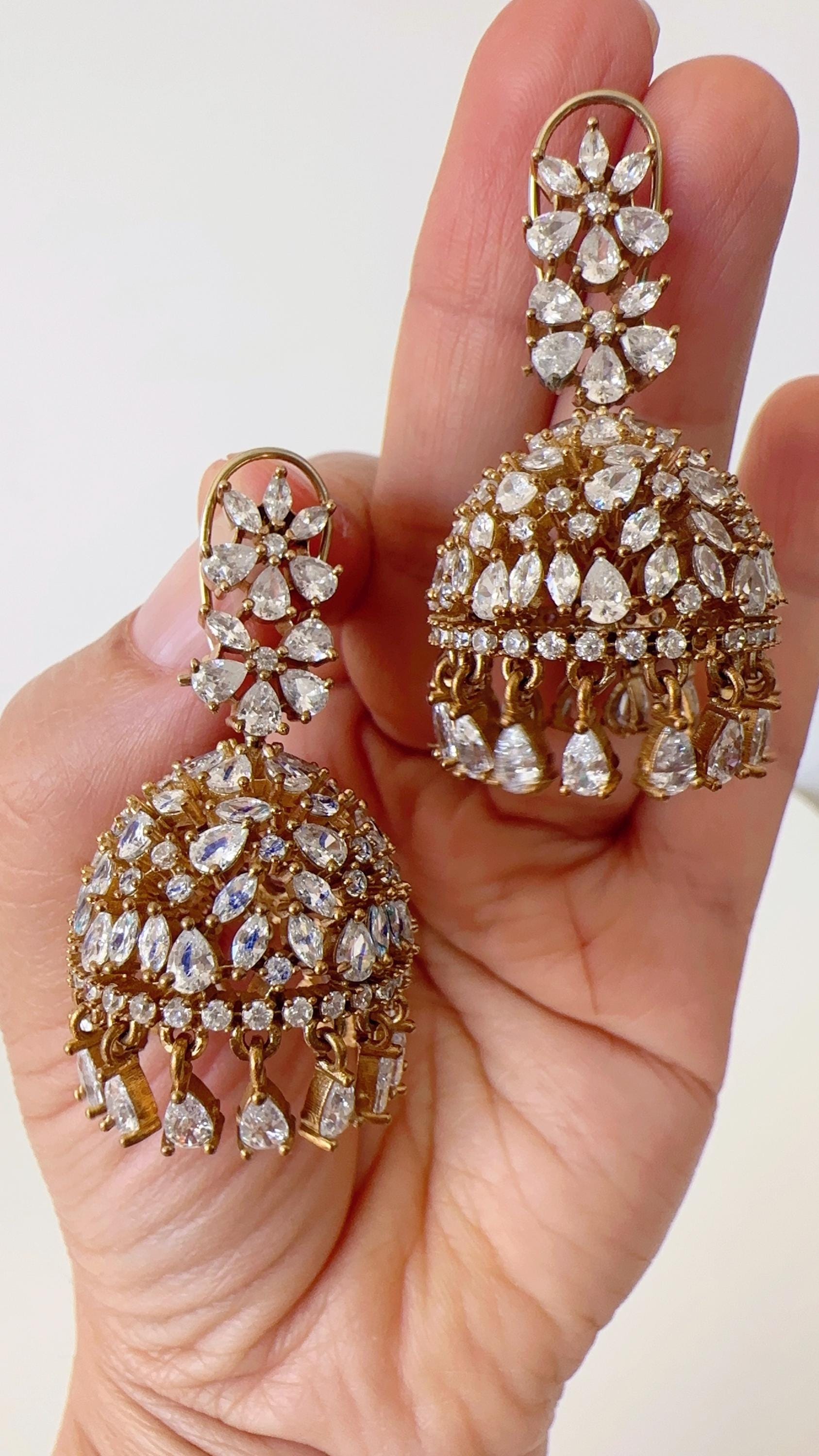 2 Tone gold Luminous diamond jhumka Earrings next to real/ Indian Jewelry Indian Earrings/American Diamond jhumka/CZ Earrings/