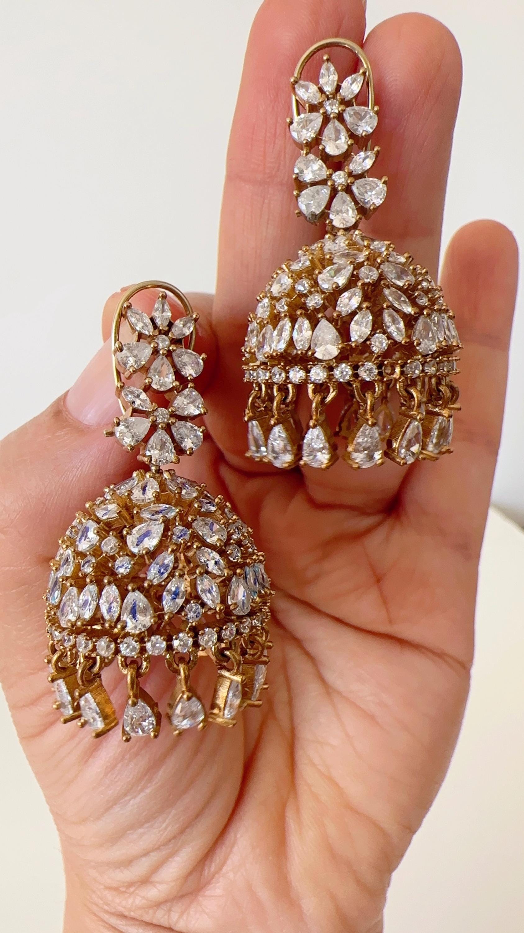 2 Tone gold Luminous diamond jhumka Earrings next to real/ Indian Jewelry Indian Earrings/American Diamond jhumka/CZ Earrings/