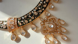 Moissanite kundan Green hasli necklace set with chand bali earrings/Diamond Hasli / Rajwadi Green Hasli /Indian Wedding jewelry
