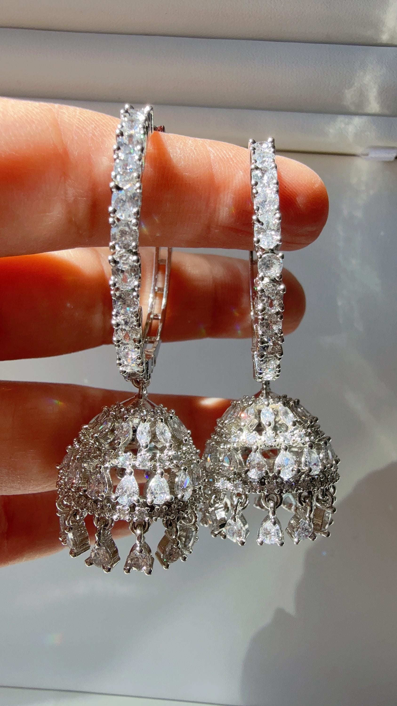 Silver bali hoops jhumka Earrings/ Indian Jewelry Indian Earrings/American Diamond jhumka/CZ Earrings/Indian jhumka