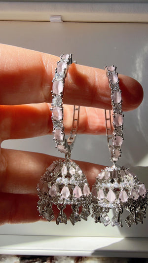 Silver bali hoops Baby pink jhumka Earrings/ Indian Jewelry Indian Earrings/American Diamond baby pink jhumka/CZ Earrings/Indian jhumka