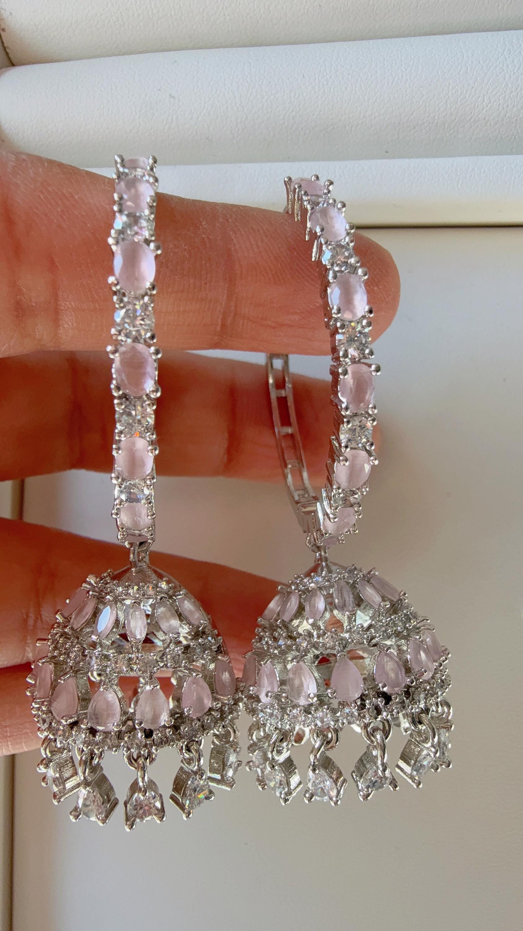 Silver bali hoops Baby pink jhumka Earrings/ Indian Jewelry Indian Earrings/American Diamond baby pink jhumka/CZ Earrings/Indian jhumka