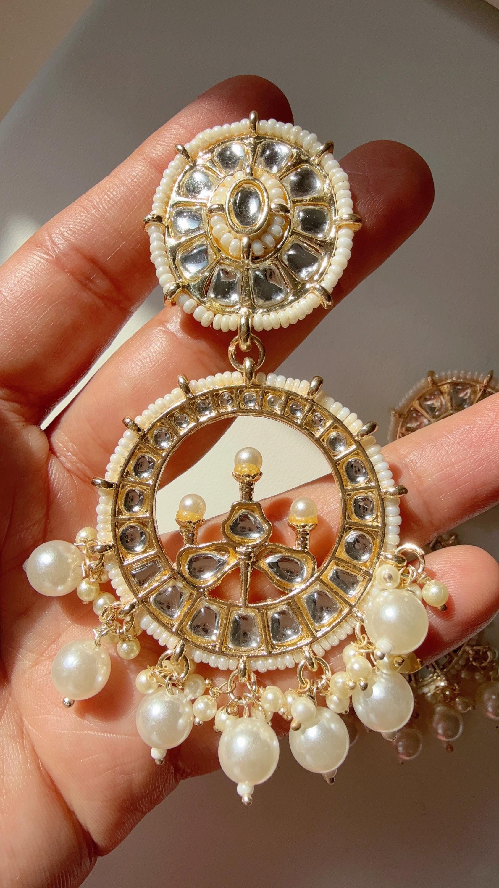 Gold polki kundan chandbali jhumka/Kundan green Earrings /Statement earrings /Bridal earrings/Pearl drop earrings/Antique earrings