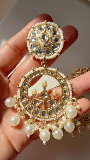 Gold polki kundan chandbali jhumka/Kundan green Earrings /Statement earrings /Bridal earrings/Pearl drop earrings/Antique earrings