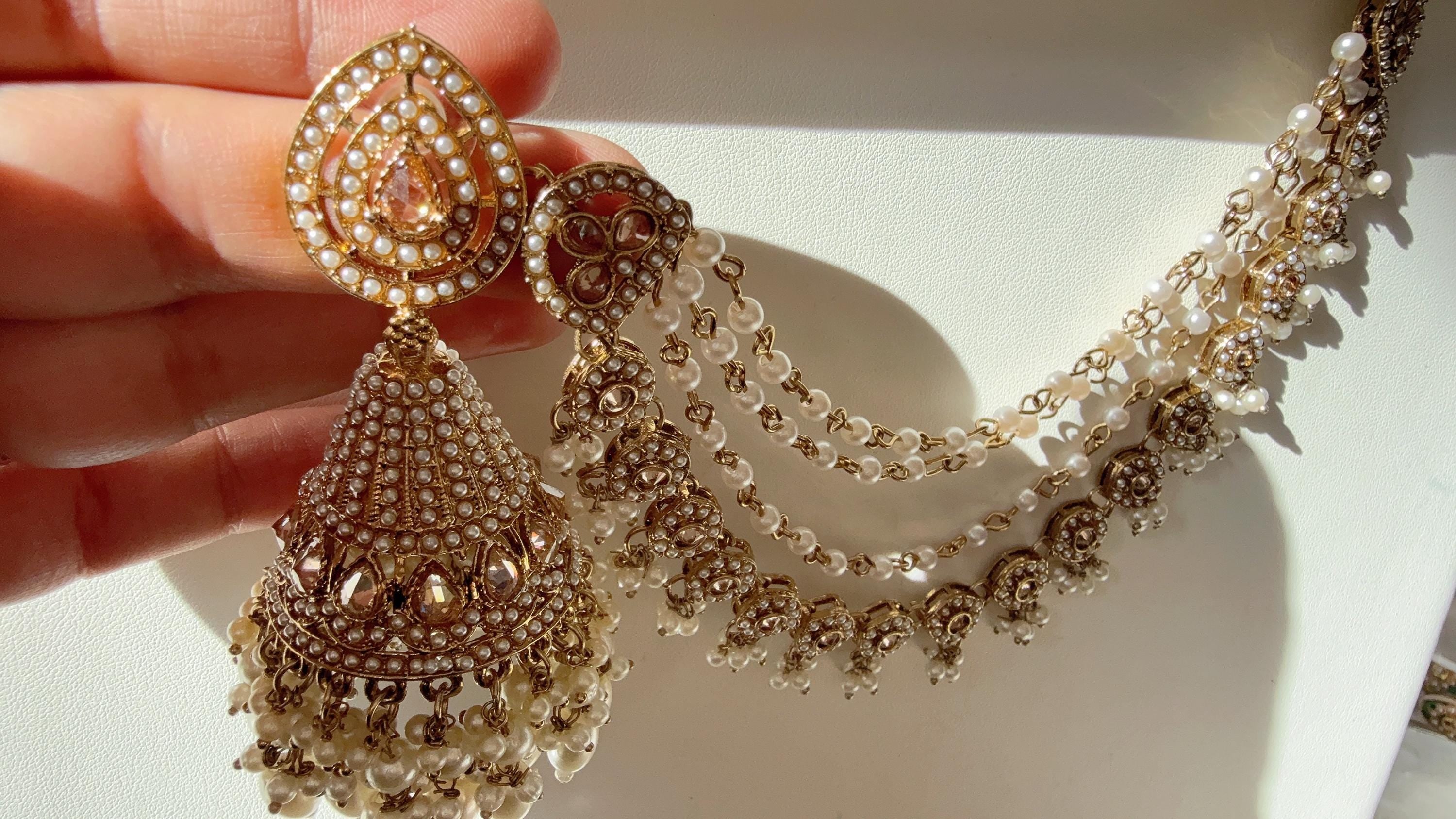 Antique polki Kundan bahubali Multi Earrings Set With Earchain Sahare /Gold Jhumka Polki Earrings / Indian Jewelry