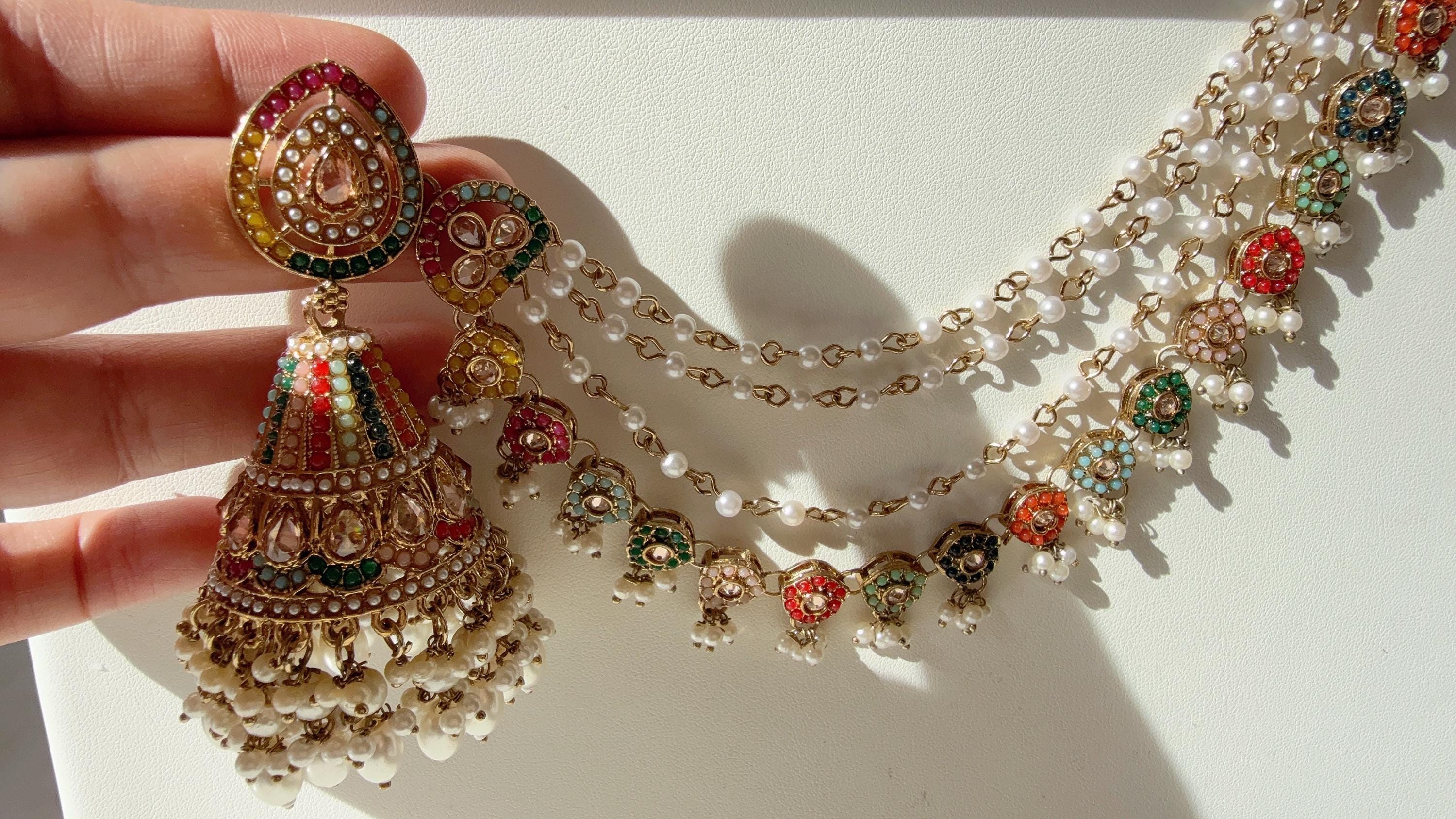 Antique polki Kundan bahubali Multi Earrings Set With Earchain Sahare /Gold Jhumka Polki Earrings / Indian Jewelry