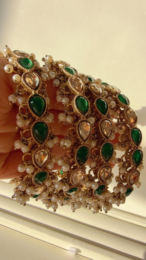 Bridal Green chooda Green Emerald Kundan Pearl Bangles 4 PC/Indian Bangles/ Indian jewelry/wedding jewelry/green Kundan bangles/