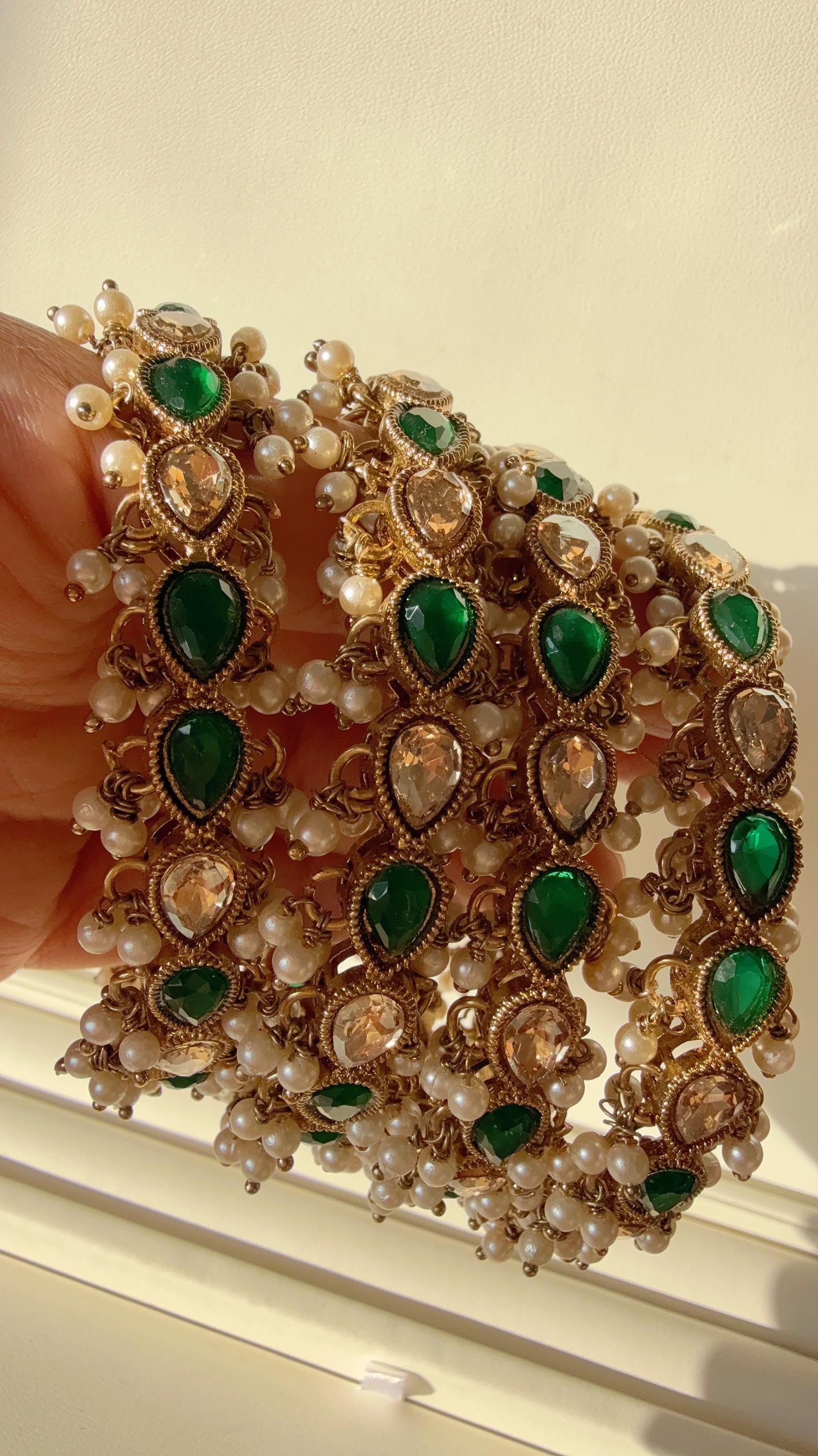 Bridal Green chooda Green Emerald Kundan Pearl Bangles 4 PC/Indian Bangles/ Indian jewelry/wedding jewelry/green Kundan bangles/