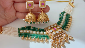 Traditiona lKundan Polki choker with jhumka /Rajwadi finish green Choker Necklace /Temple jewelry/Indian jewelry/Indian Wedding jewelry