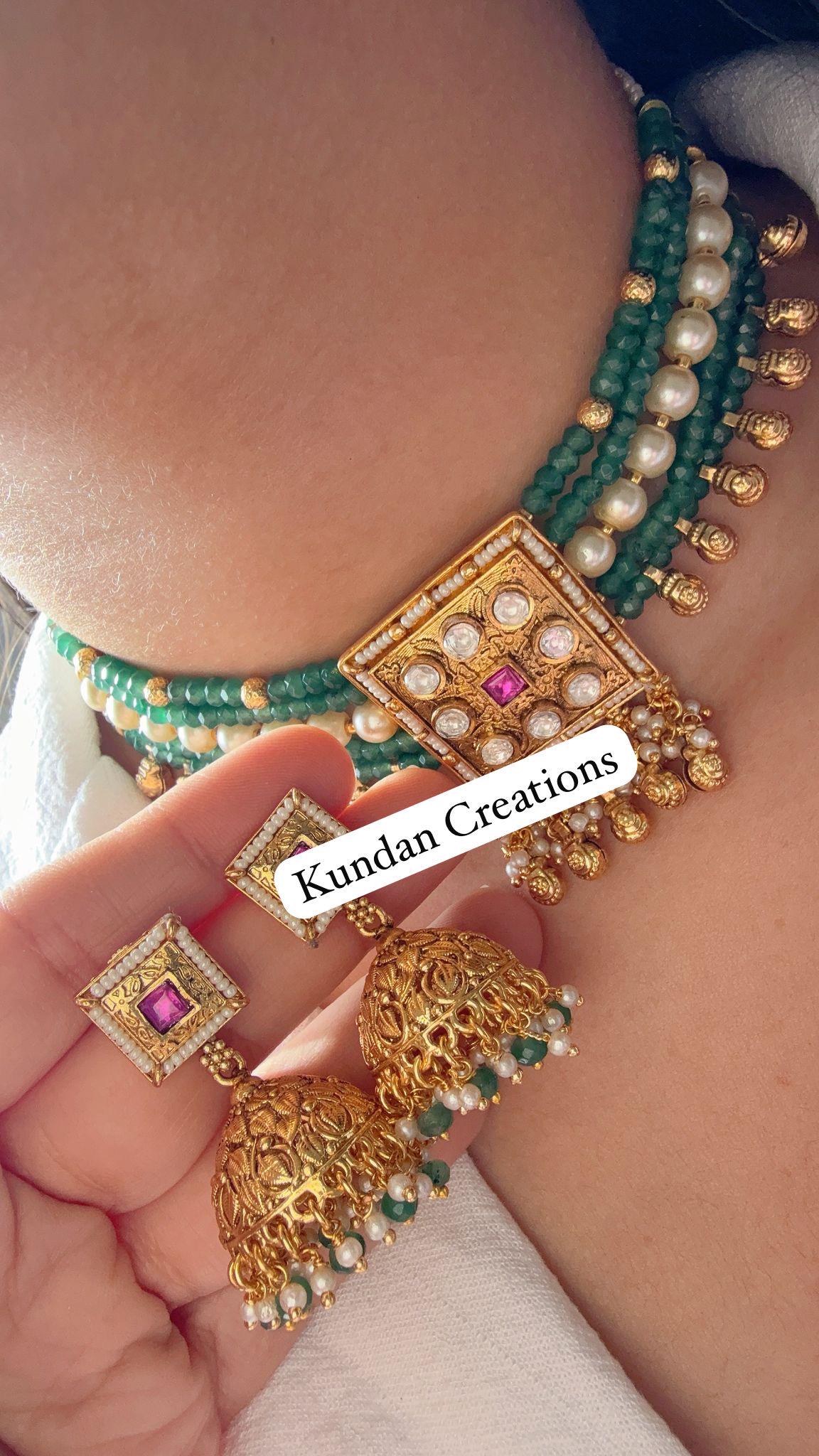 Traditiona lKundan Polki choker with jhumka /Rajwadi finish green Choker Necklace /Temple jewelry/Indian jewelry/Indian Wedding jewelry