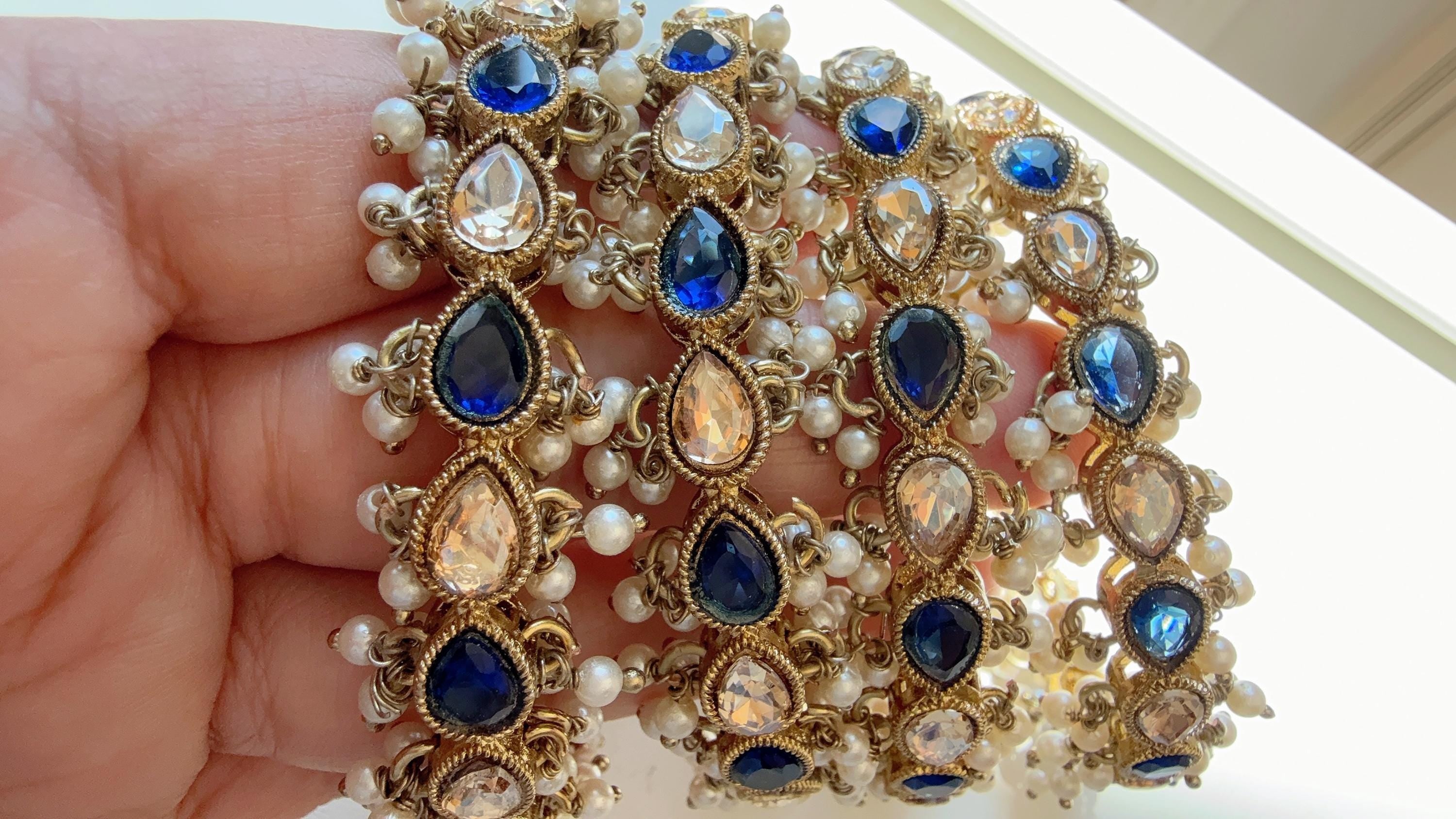 Blue Kundan Pearl Bangles 4 PC/Indian Bangles/ Indian jewelry/wedding jewelry/Blue Kundan bangles/Polki Kundan Blue bangles