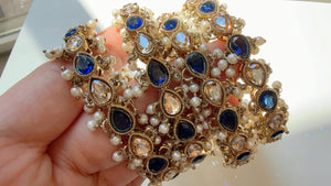 Blue Kundan Pearl Bangles 4 PC/Indian Bangles/ Indian jewelry/wedding jewelry/Blue Kundan bangles/Polki Kundan Blue bangles