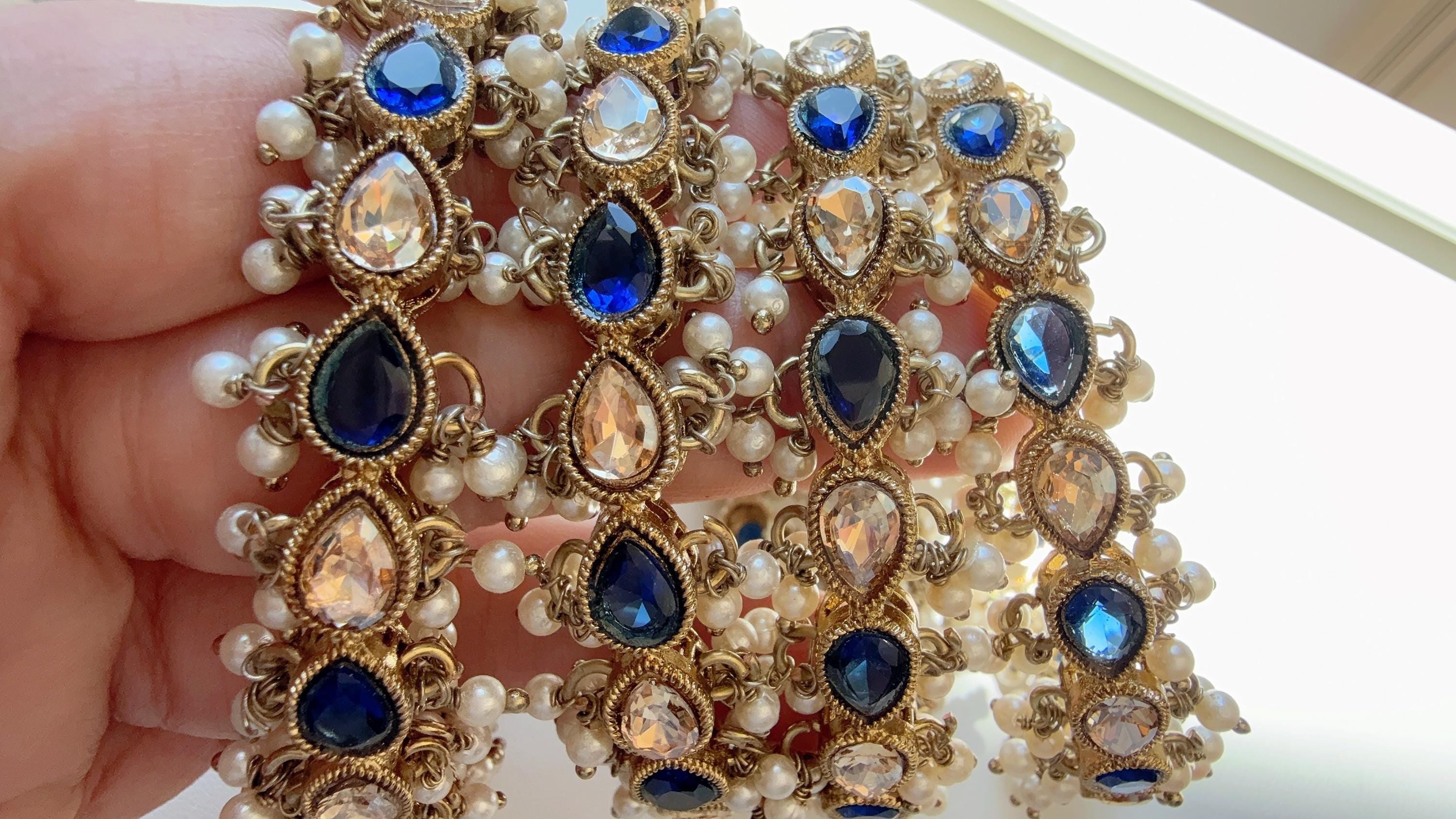 Blue Kundan Pearl Bangles 4 PC/Indian Bangles/ Indian jewelry/wedding jewelry/Blue Kundan bangles/Polki Kundan Blue bangles