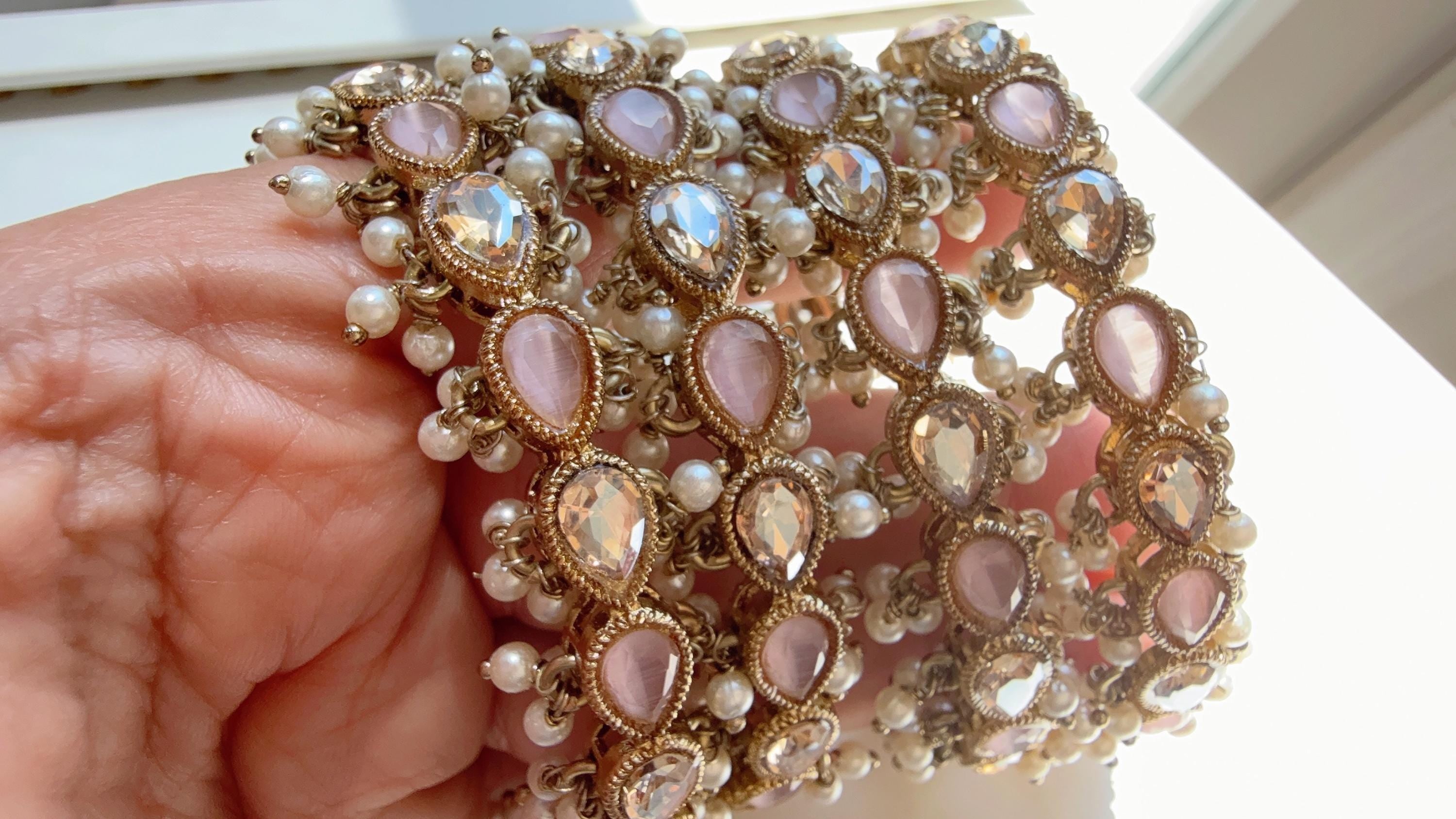Baby Pink Kundan Pearl Bangles 4 PC/Indian Bangles/ Indian jewelry/wedding jewelry/Baby Pink Kundan bangles/Polki Kundan Baby Pink bangles