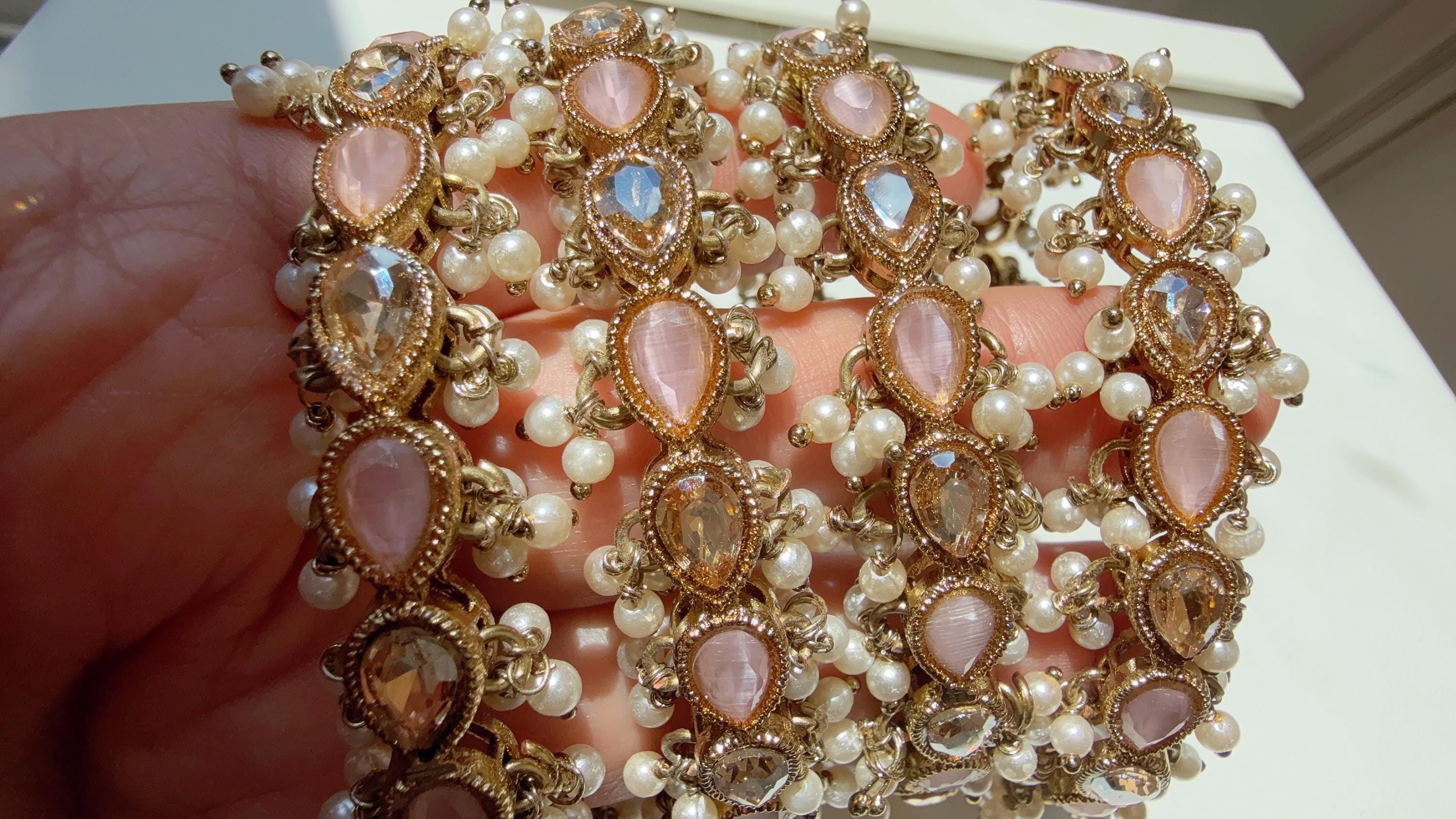 Baby Pink Kundan Pearl Bangles 4 PC/Indian Bangles/ Indian jewelry/wedding jewelry/Baby Pink Kundan bangles/Polki Kundan Baby Pink bangles