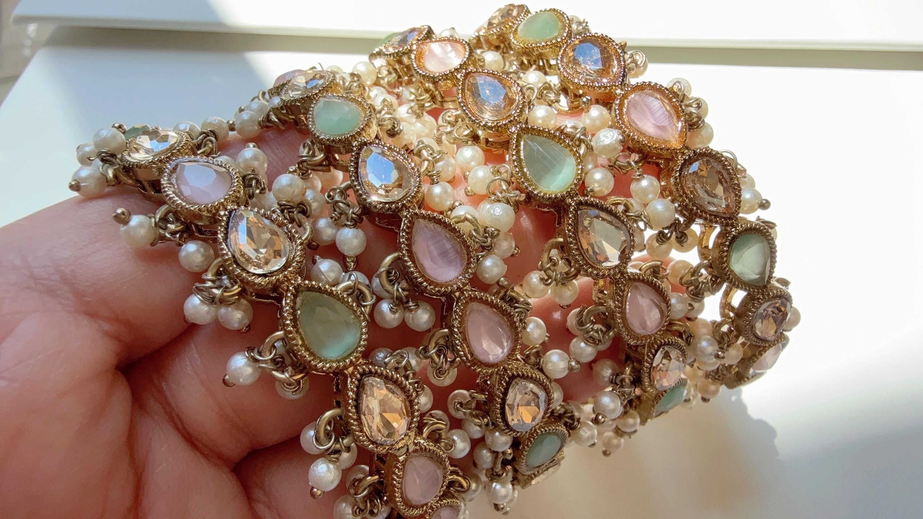 Mint pink Kundan Bangles/Polki Kundan Pearl Bangles Set(4 Pc) /Indian Jewelry/ mint pink Kundan Bangles/Mint pink bangles/Indian Bangles