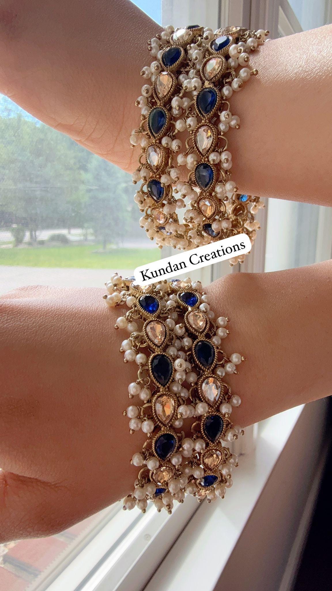 Blue Kundan Pearl Bangles 4 PC/Indian Bangles/ Indian jewelry/wedding jewelry/Blue Kundan bangles/Polki Kundan Blue bangles