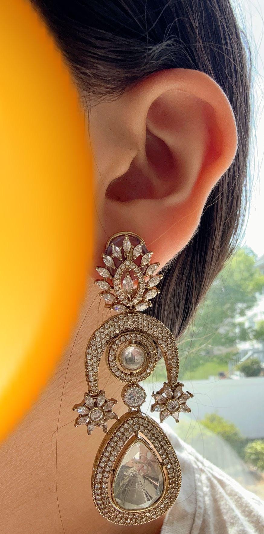 Sabyasachi-Inspired Moissanite kundan Earrings/Elegant Statement Jewelry/Gold Finish Moissanite Polki Earrings/Bridal Diamond earrings