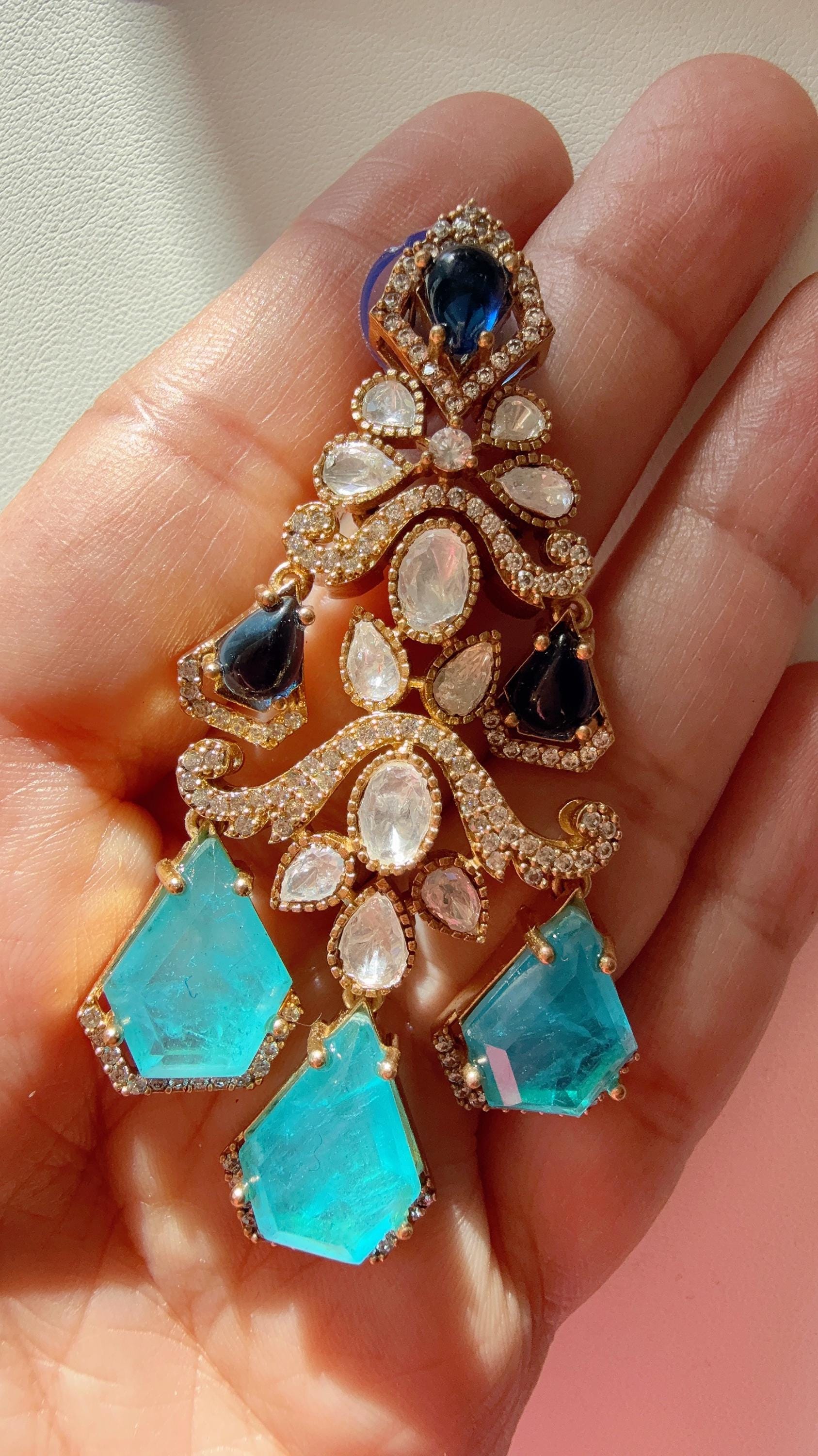 Sabyasachi-Inspired Moissanite Turquoise blue kundan Earrings/doublet stone Sky blue Moissanite Earrings/Bridal Diamond earrings