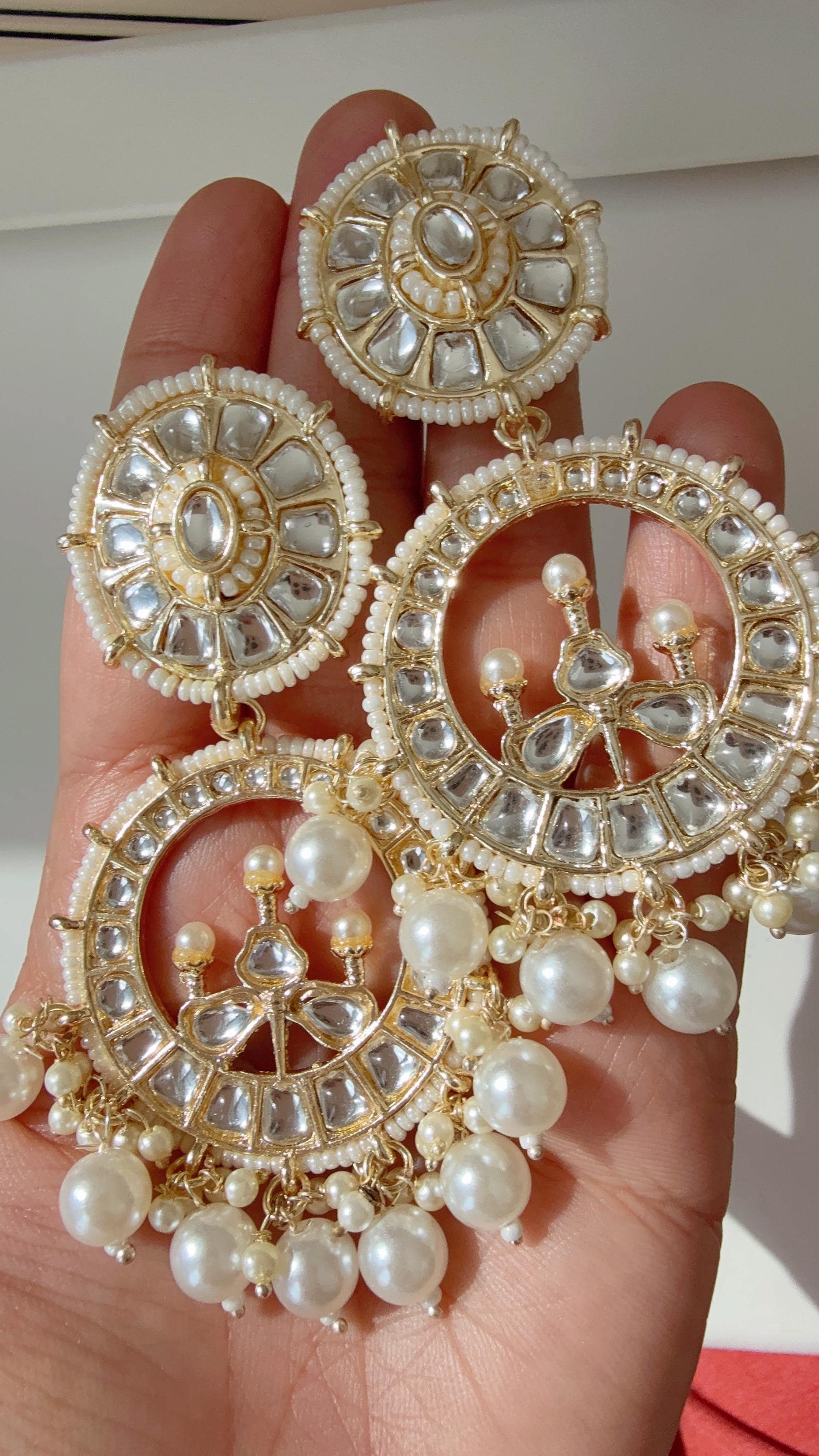 Gold polki kundan chandbali jhumka/Kundan green Earrings /Statement earrings /Bridal earrings/Pearl drop earrings/Antique earrings
