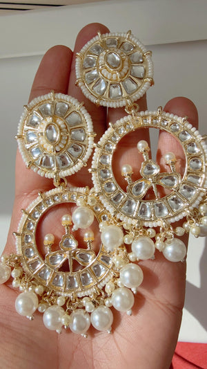 Gold polki kundan chandbali jhumka/Kundan green Earrings /Statement earrings /Bridal earrings/Pearl drop earrings/Antique earrings