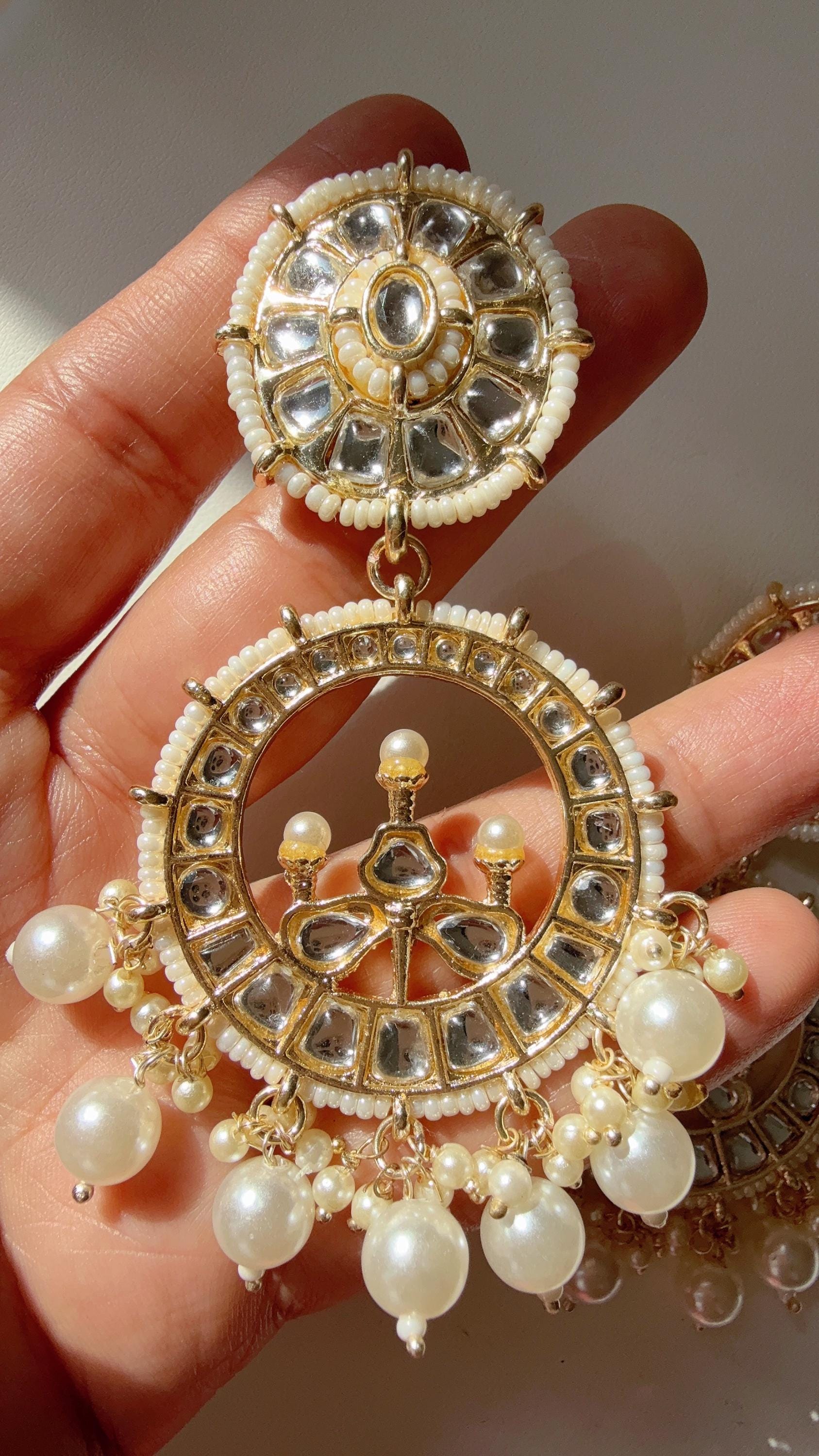 Gold polki kundan chandbali jhumka/Kundan green Earrings /Statement earrings /Bridal earrings/Pearl drop earrings/Antique earrings
