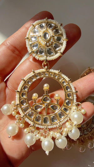 Gold polki kundan chandbali jhumka/Kundan green Earrings /Statement earrings /Bridal earrings/Pearl drop earrings/Antique earrings