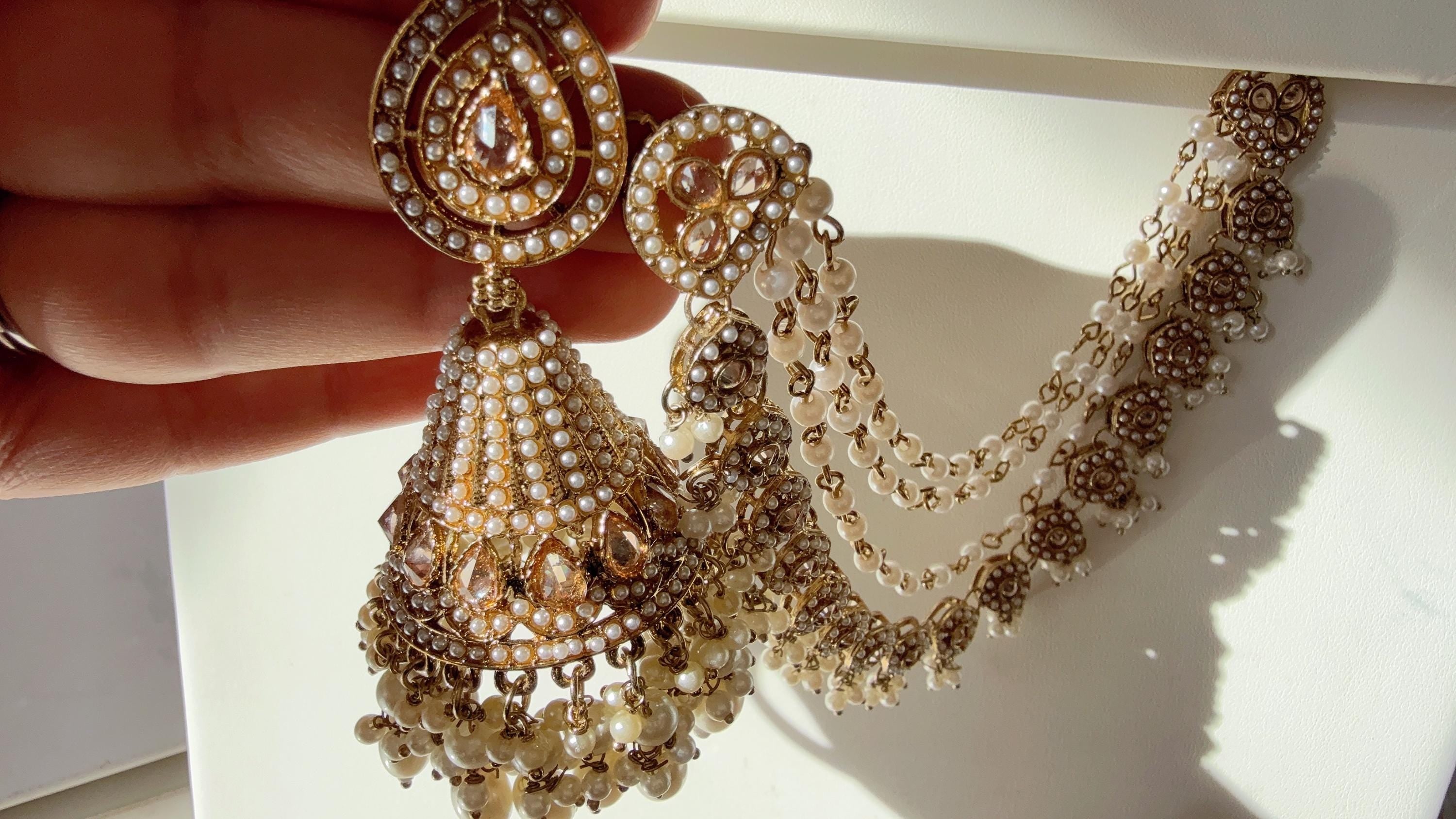 Antique polki Kundan bahubali Multi Earrings Set With Earchain Sahare /Gold Jhumka Polki Earrings / Indian Jewelry
