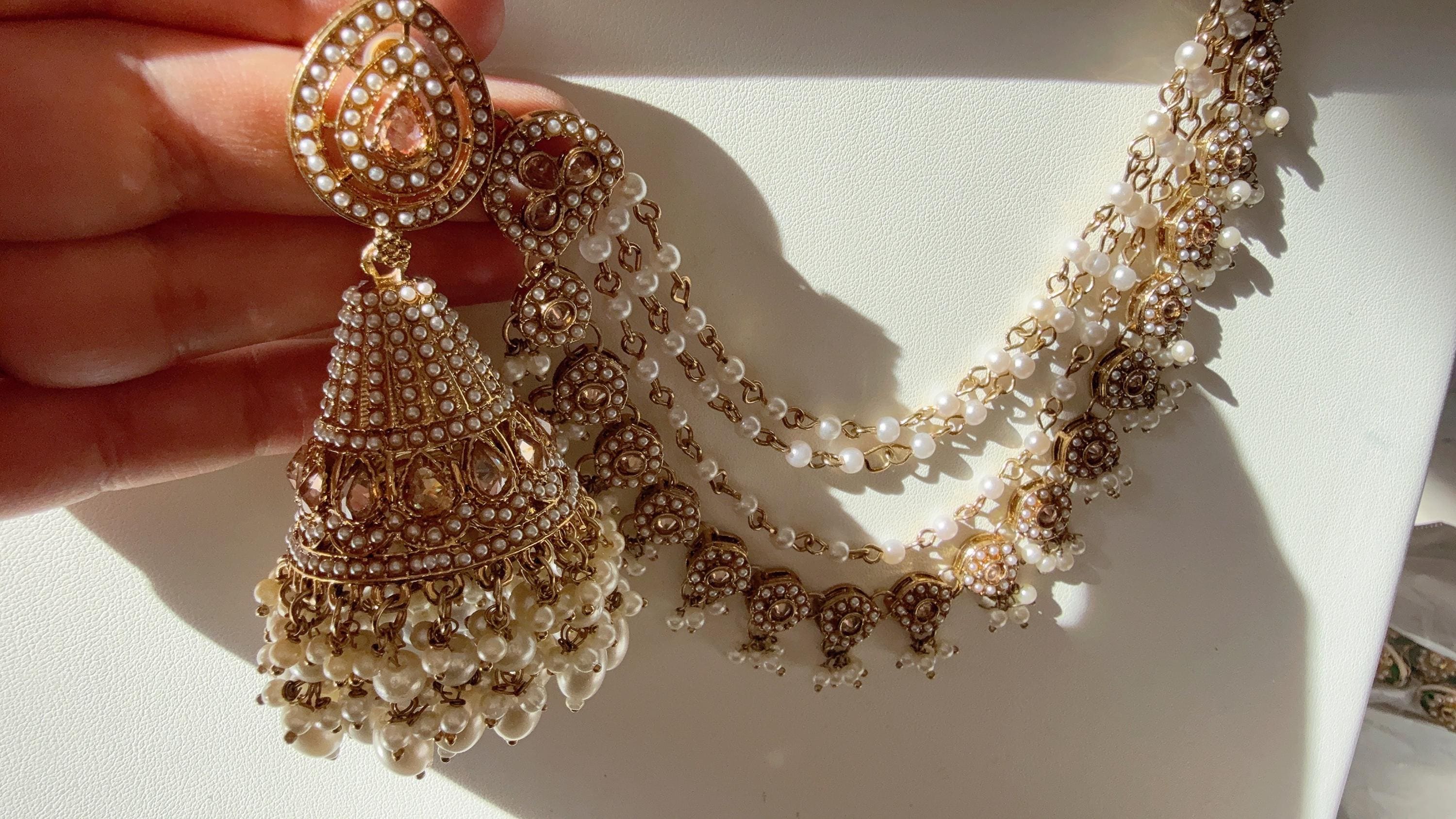 Antique polki Kundan bahubali Multi Earrings Set With Earchain Sahare /Gold Jhumka Polki Earrings / Indian Jewelry
