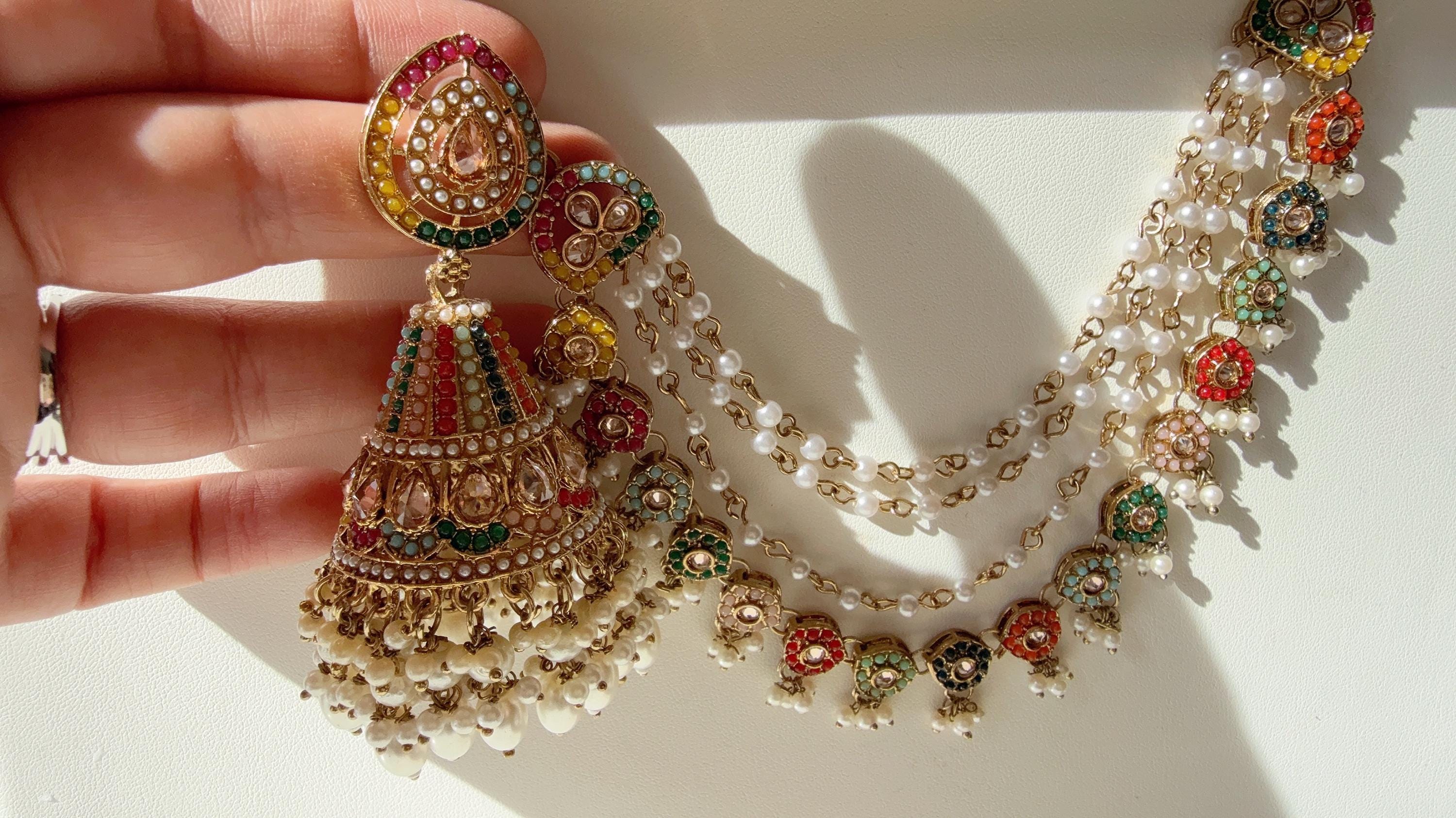 Antique polki Kundan bahubali Multi Earrings Set With Earchain Sahare /Gold Jhumka Polki Earrings / Indian Jewelry