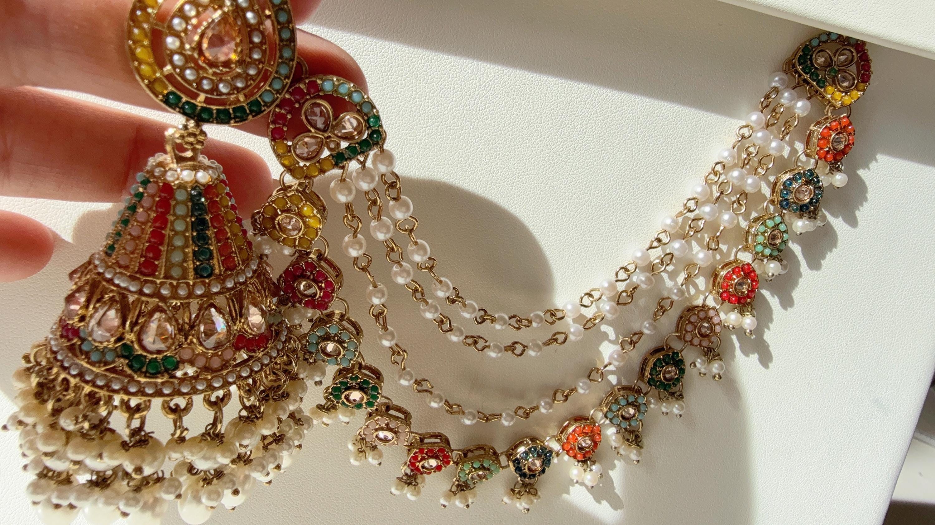 Antique polki Kundan bahubali Multi Earrings Set With Earchain Sahare /Gold Jhumka Polki Earrings / Indian Jewelry