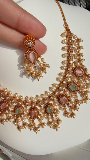 Gold plated Mint pink Necklace /South Indian jewelry/Indian Wedding jewelry/Gold Finish Mintpink stone necklace/Bridal Necklace