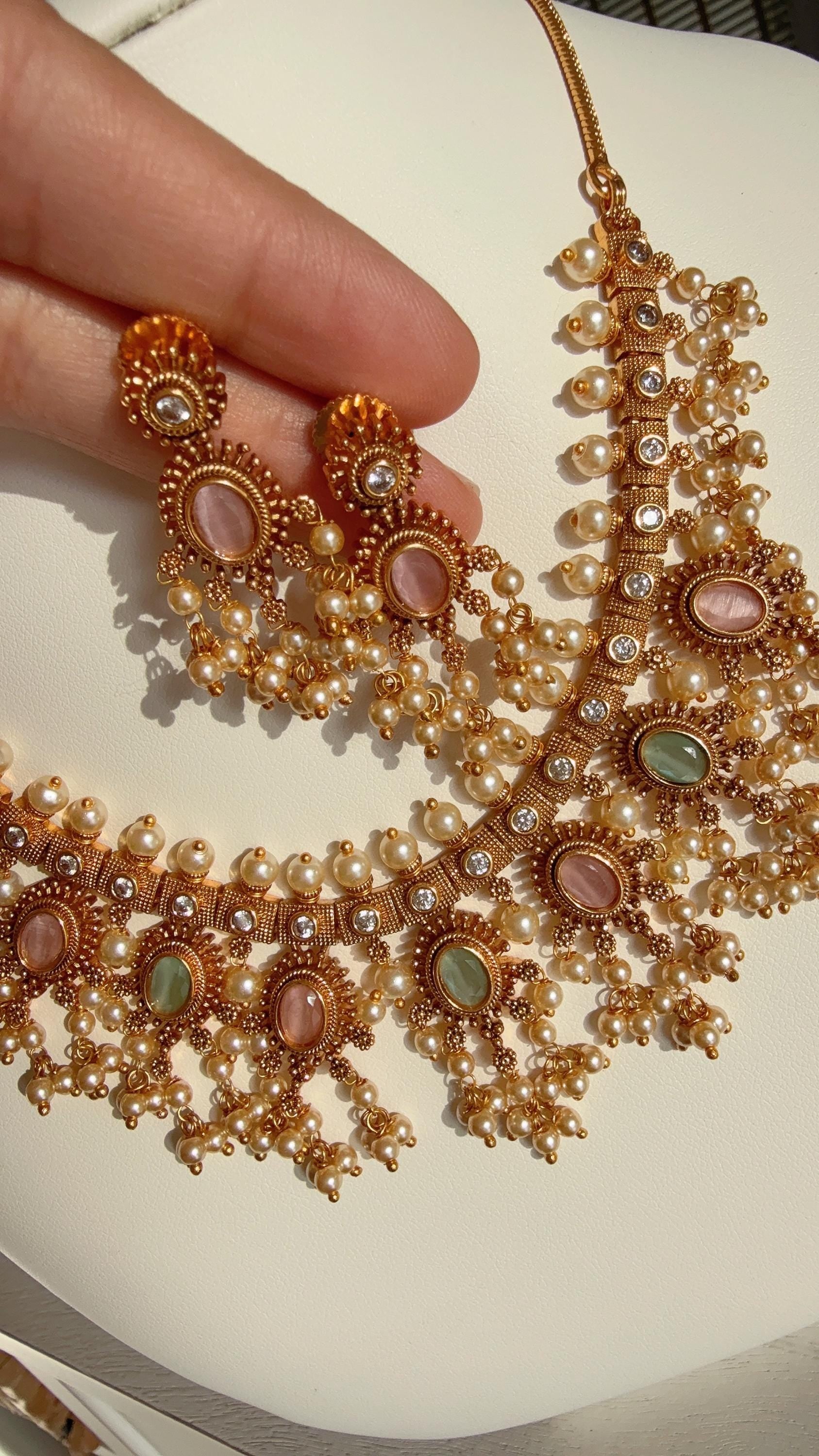 Gold plated Mint pink Necklace /South Indian jewelry/Indian Wedding jewelry/Gold Finish Mintpink stone necklace/Bridal Necklace