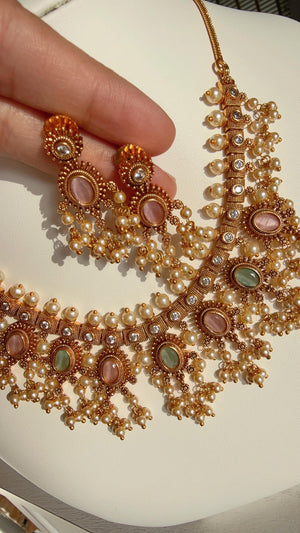 Gold plated Mint pink Necklace /South Indian jewelry/Indian Wedding jewelry/Gold Finish Mintpink stone necklace/Bridal Necklace