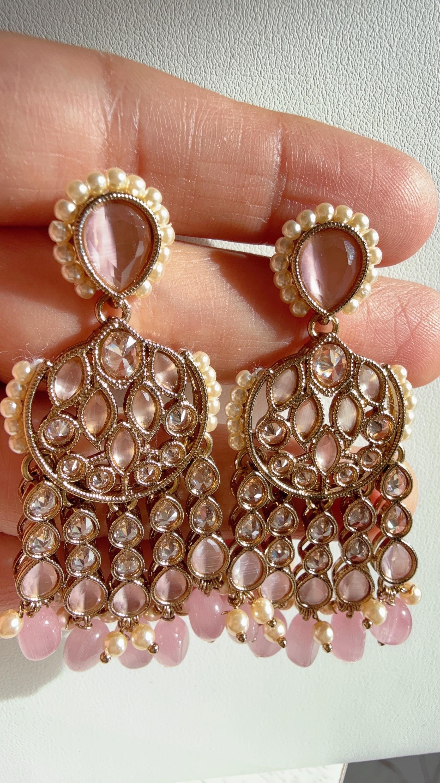 Baby pink kundan earrings jhumka/Kundan Earrings /Statement earrings /Bridal earrings/Pearl drop Mint earrings/Baby pink Antique earrings