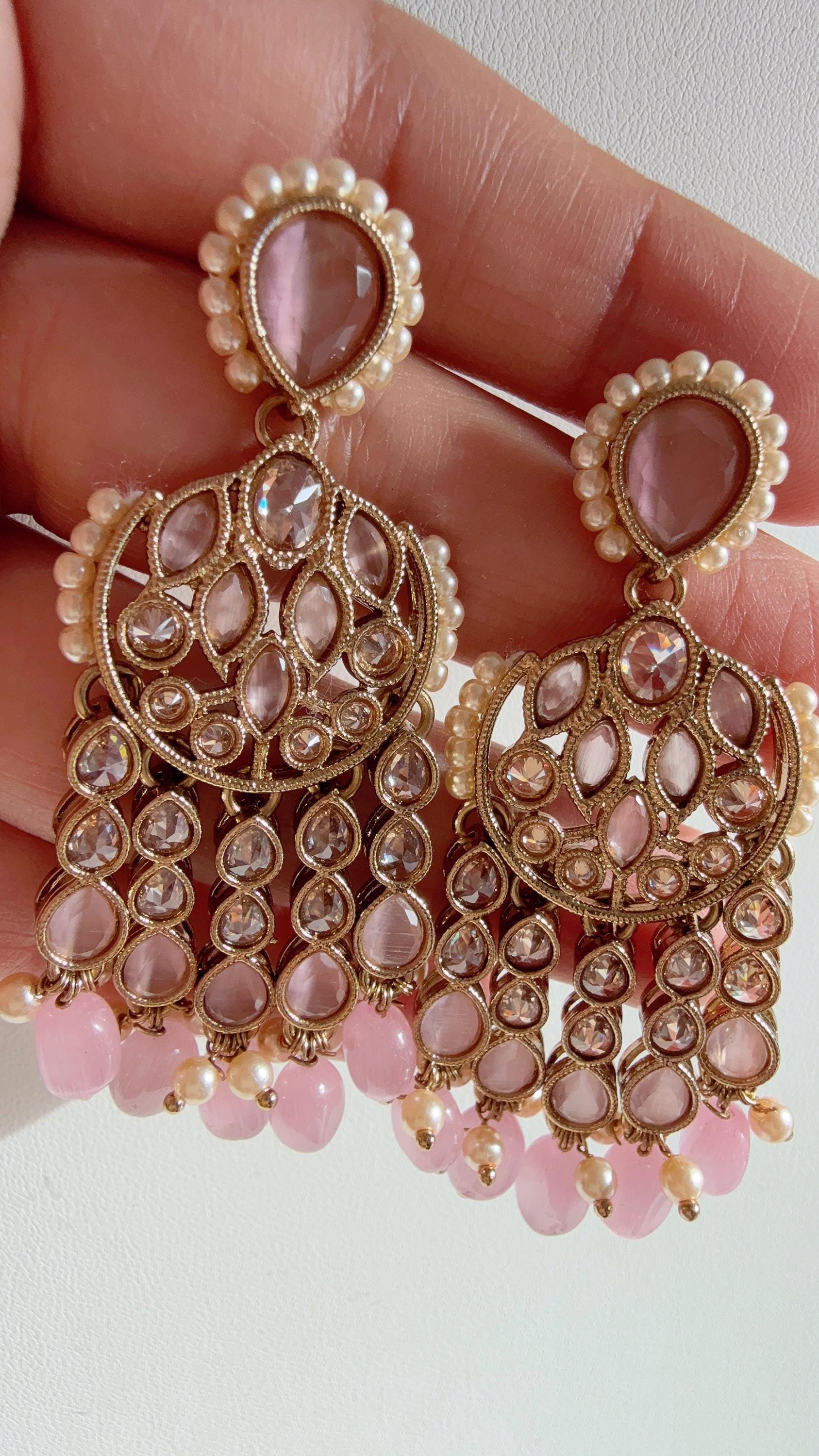 Baby pink kundan earrings jhumka/Kundan Earrings /Statement earrings /Bridal earrings/Pearl drop Mint earrings/Baby pink Antique earrings