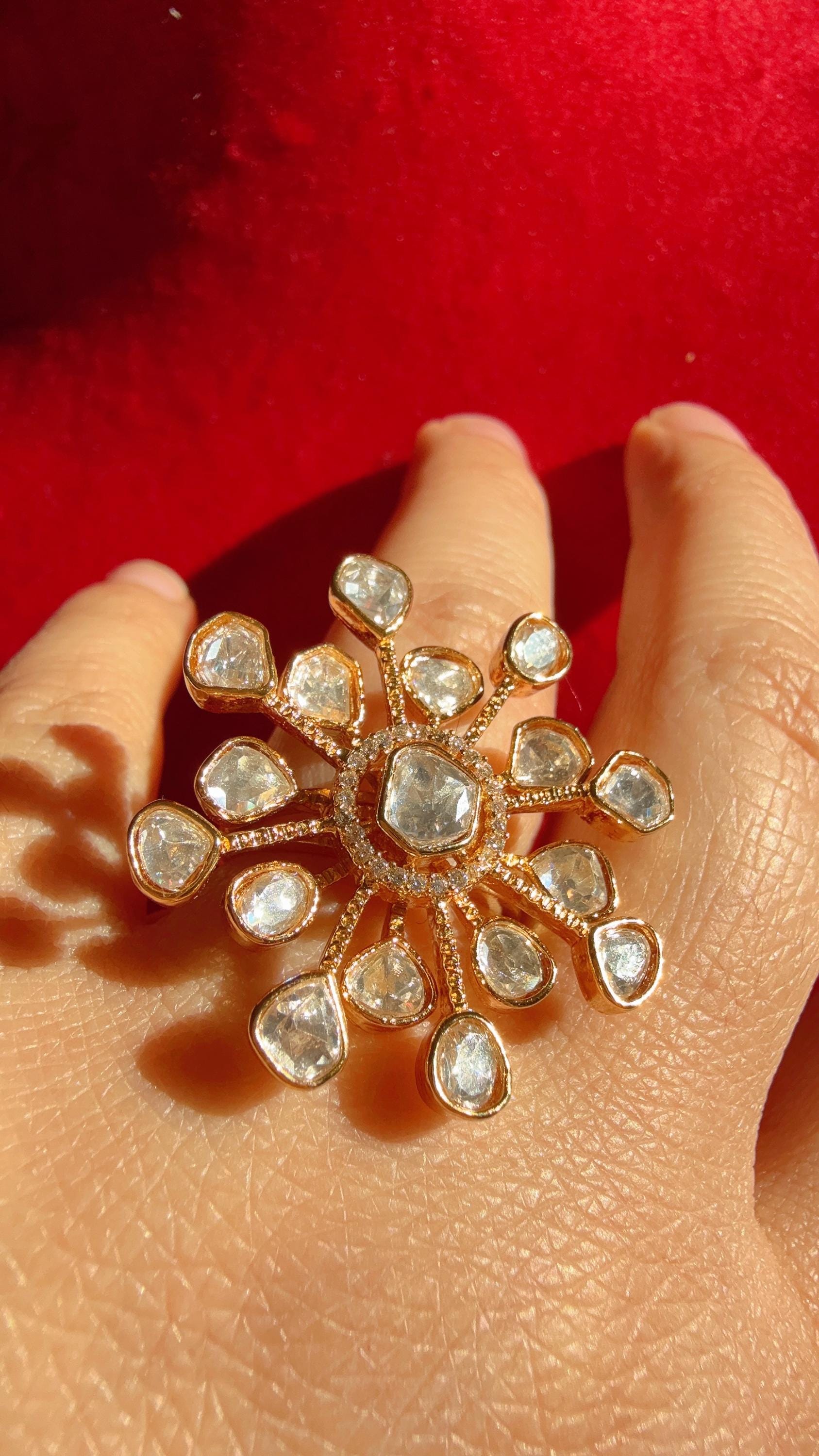 Flower Moissanite Bridal Kundan Moissanite Ring/Adjustable Ring/Double Finger Kundan Statement Ring /Indian Wedding jewelry/