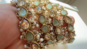 Mint Kundan Pearl Bangles 4 PC/Indian Bangles/ Indian jewelry/wedding jewelry/Mint Kundan bangles/Polki Kundan bangles