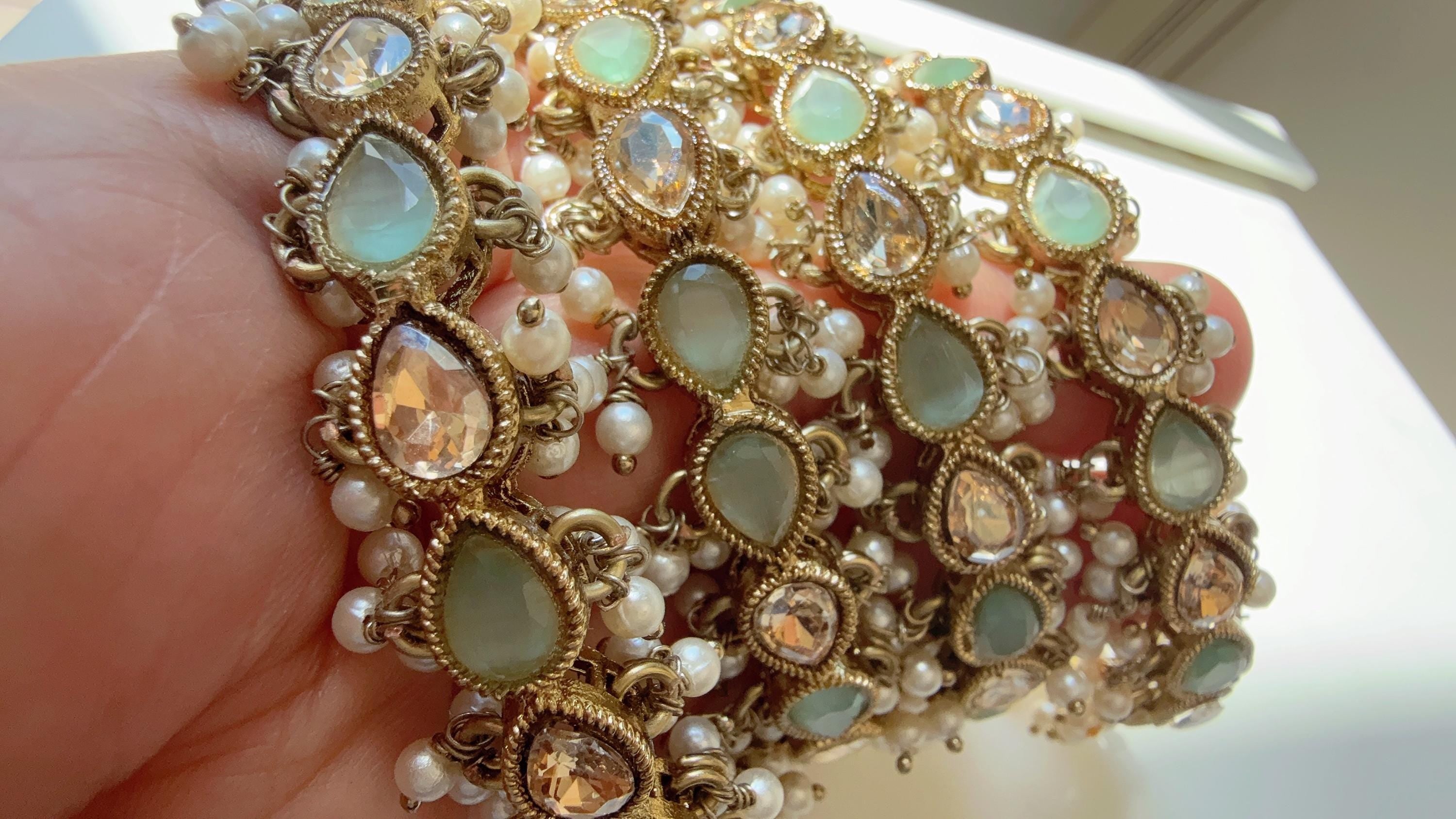 Mint Kundan Pearl Bangles 4 PC/Indian Bangles/ Indian jewelry/wedding jewelry/Mint Kundan bangles/Polki Kundan bangles