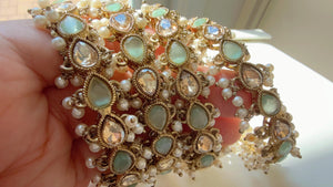 Mint Kundan Pearl Bangles 4 PC/Indian Bangles/ Indian jewelry/wedding jewelry/Mint Kundan bangles/Polki Kundan bangles