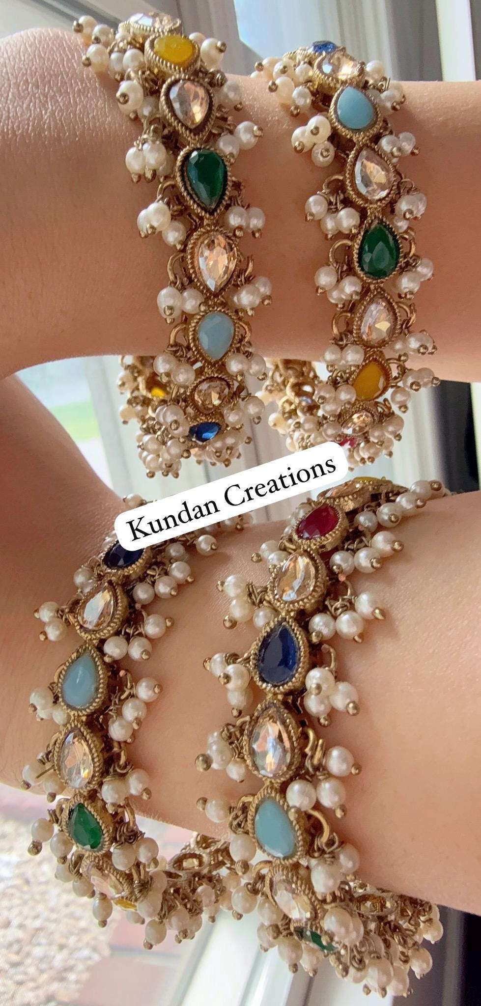 New arrival big polki size Navratan Polki Kundan Pearl Bangles 4 PC/Indian Bangles/ Indian jewelry/wedding jewelry/ Kundan bangles/