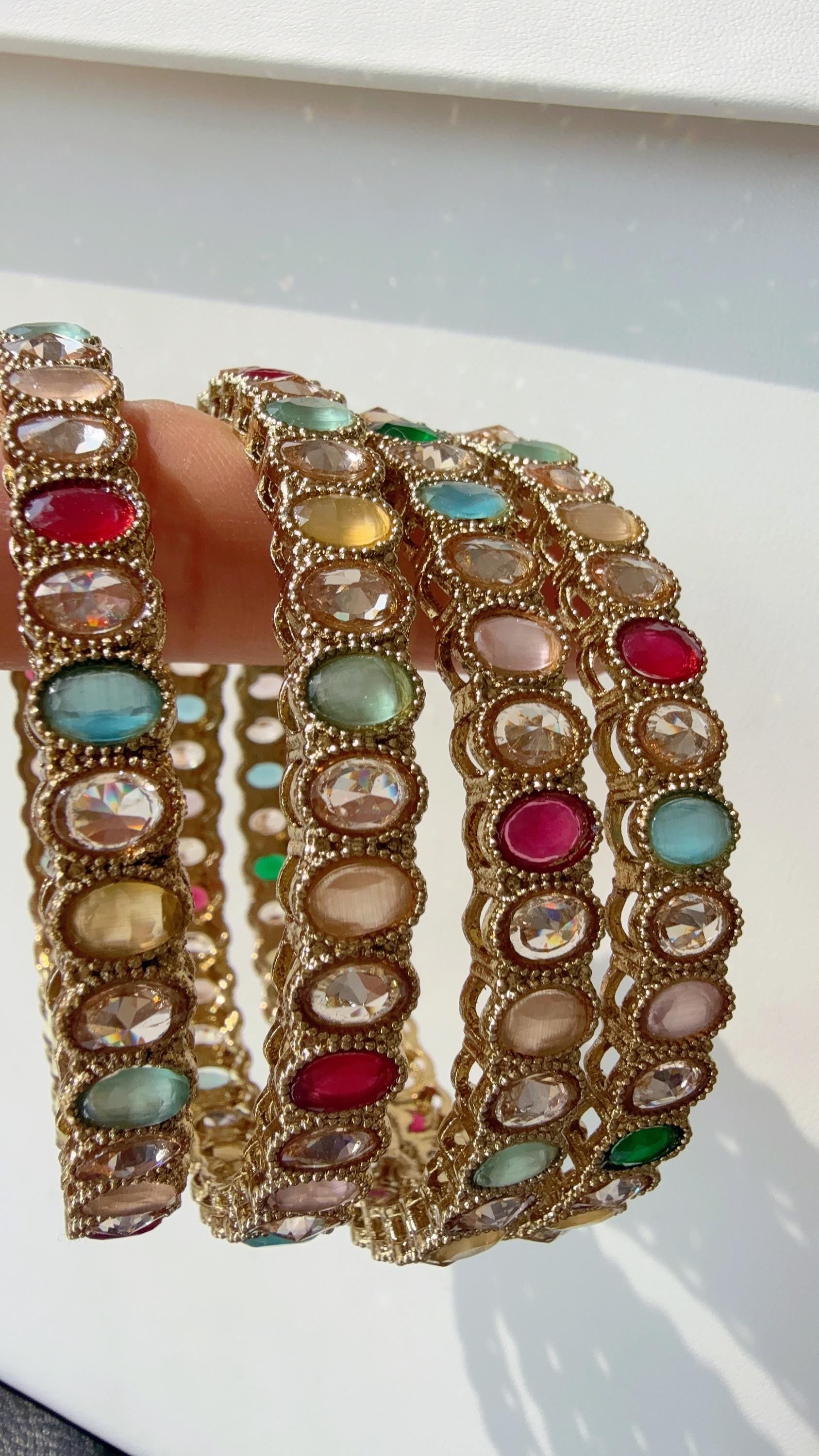 Antique finish Kundan polki navratan Multi Bangles Set(4 Pc)/Indian bangles/Indian Jewelry/ Kundan Bangles/ kundan bangles/wedding jewelry