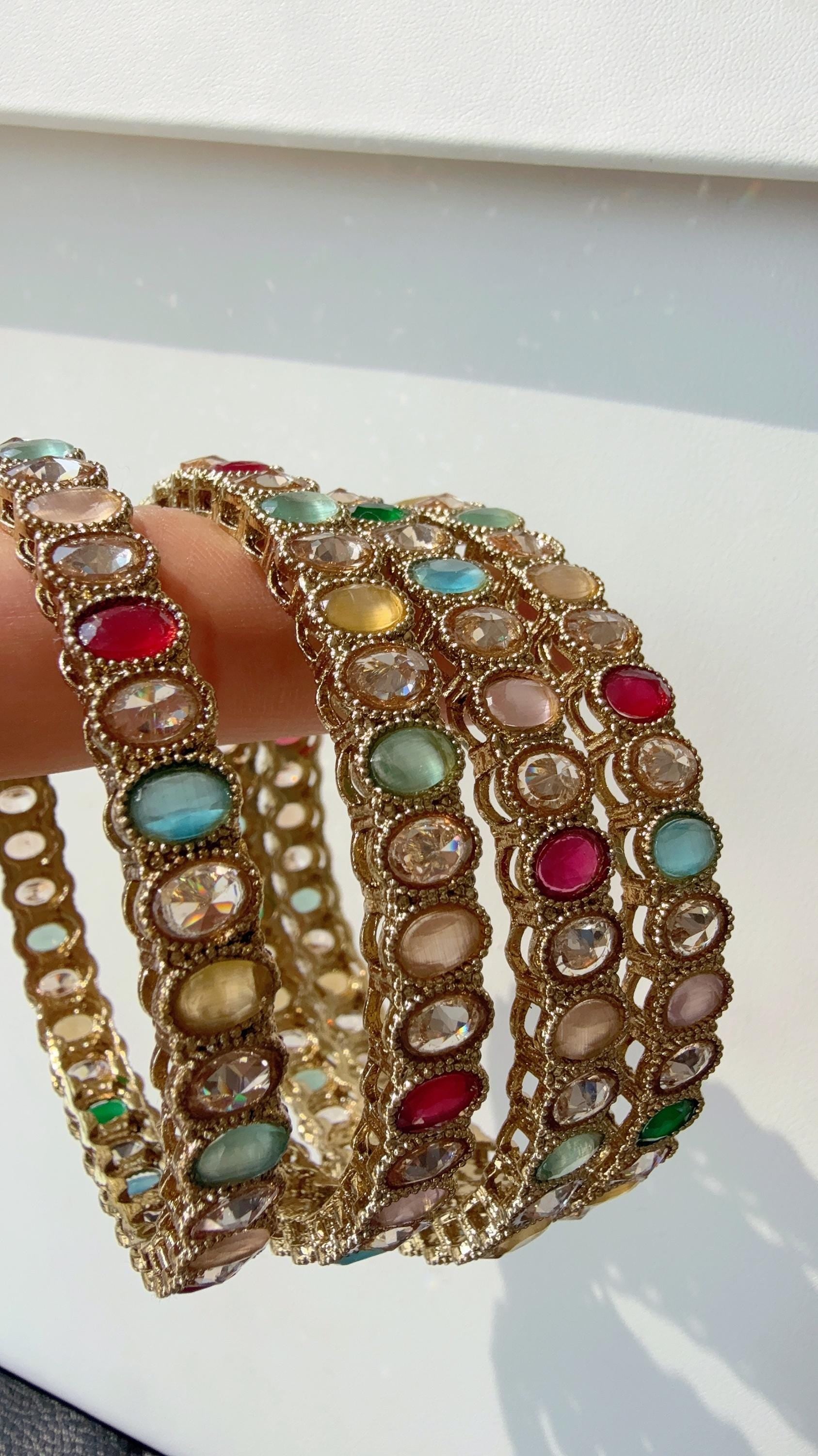 Antique finish Kundan polki navratan Multi Bangles Set(4 Pc)/Indian bangles/Indian Jewelry/ Kundan Bangles/ kundan bangles/wedding jewelry