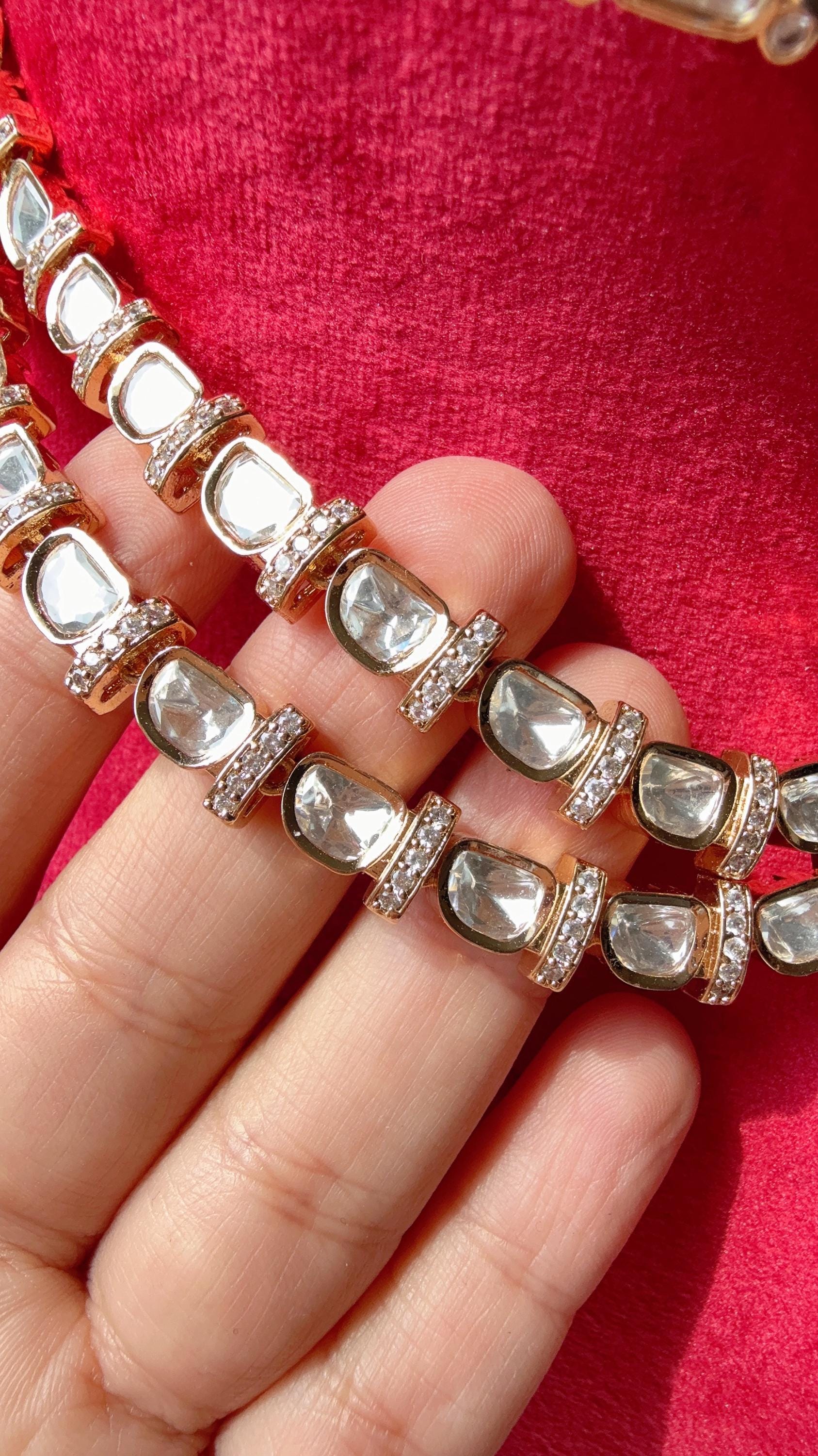 Double strand Moissanite diamond Gold Plated necklace/Kundan Jewelry Moissanite necklace set/diamond Necklace /Indian Bridal Jewelry