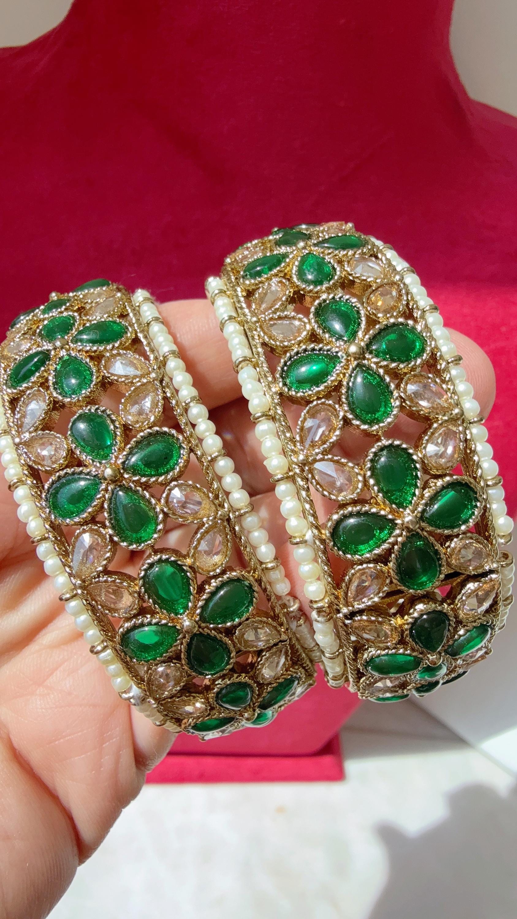 Openable Emerald Green Kundan Polki bridal Bangles kada pair/antique Finished Kundan Polki wide Kada/Indian Jewelry//green Kundan Kangan