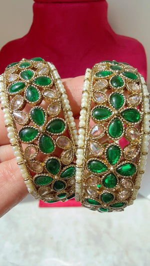 Openable Emerald Green Kundan Polki bridal Bangles kada pair/antique Finished Kundan Polki wide Kada/Indian Jewelry//green Kundan Kangan