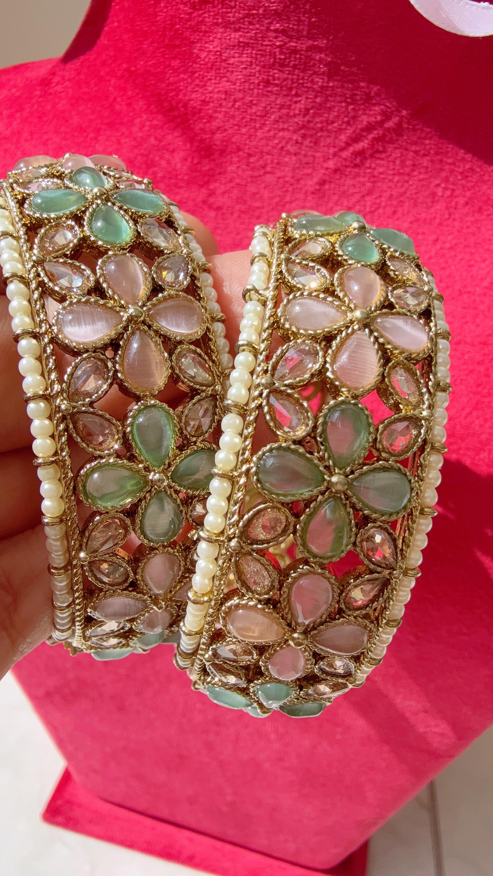 Openable Mint PInk Kundan Polki bridal Bangles kada pair/antique Finished Kundan Polki wide Kada/Indian Jewelry/Mint Pink Kundan Kangan