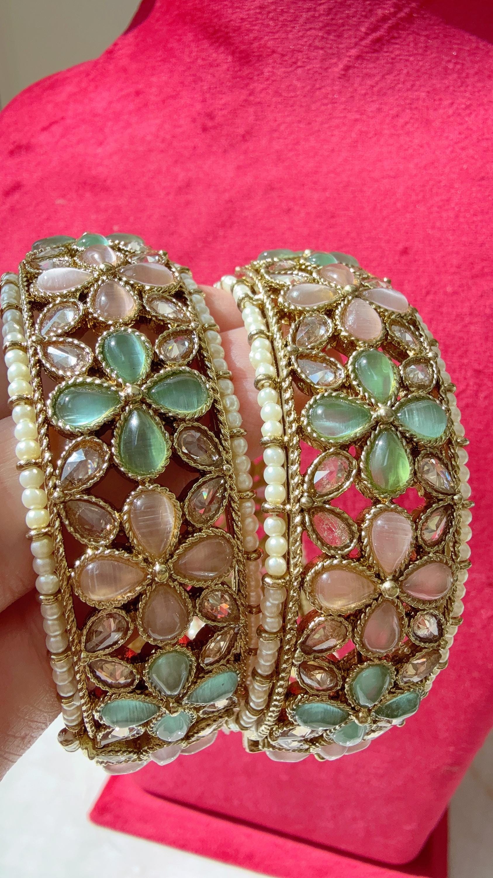 Openable Mint PInk Kundan Polki bridal Bangles kada pair/antique Finished Kundan Polki wide Kada/Indian Jewelry/Mint Pink Kundan Kangan